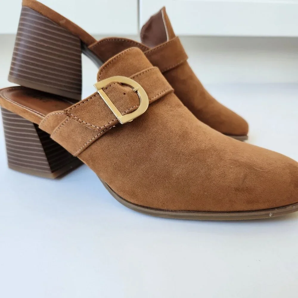 Anne Klein Brown Block Heel Mules Faux Suede Buckle Slip On Business Casual 10 - Picture 10 of 14